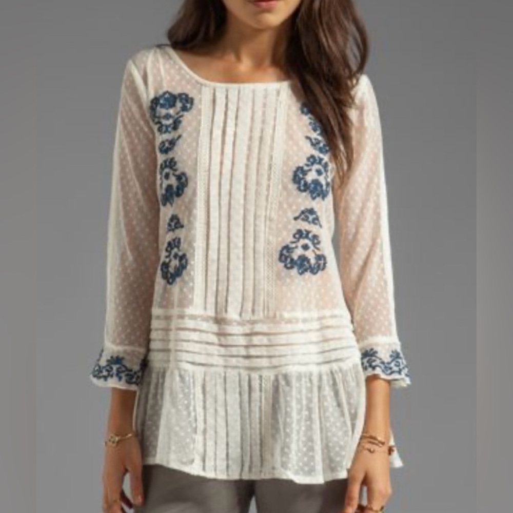 Free People Sheer Ivory Bohemian Top with Embroidered Navy Details. S